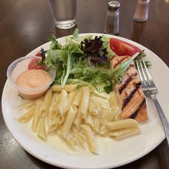 Sergio Caffe - Combination salmon plate with penne Alfredo and salad - Italian Near Me - Grass Valley, California Sergio Caffe - Combination salmon plate with penne Alfredo and salad - Italian Near Me - Grass Valley, California
