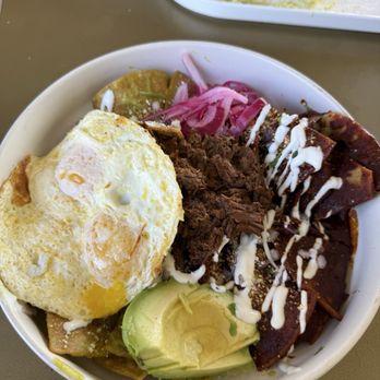 Quiero Brunch - Birria Chilaquiles; half with zesty sauce half with mole sauce - Mexican Near Me - Temecula, California