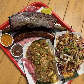 Fikscue Craft BBQ - Dino rib, cheddar jalapeño sausage, rujak slaw, nasi goreng - Barbeque Near Me - Alameda, California