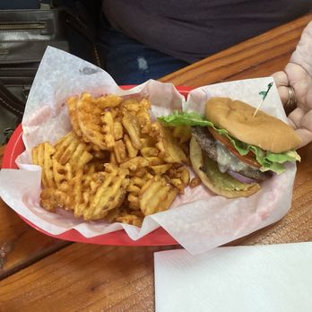The Get-A-Way - House Burger... cut in half with waffle fries - Ice Cream & Frozen Yogurt Near Me - Mill City, Oregon