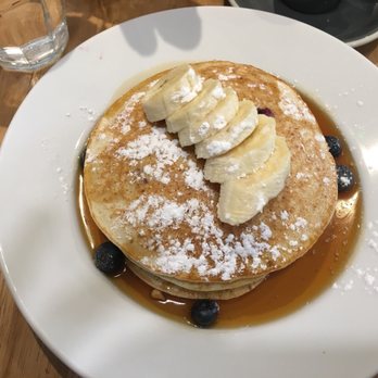 Bakers & Roasters - American style pancake stack- High Stack 5 pc. Blueberry pancakes topped with fresh cut banana, blueberries and organic Canadian maple syrup - Breakfast & Brunch Near Me - Amsterdam, New Hampshire
