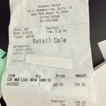 Sur La Table - Original purchase receipt - Cooking Classes Near Me - Boca Raton, Florida