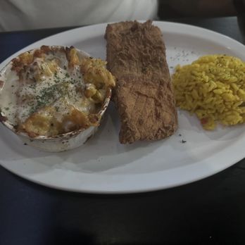 Sol'Delish - Fried salmon with Mac n cheese and yellow rice!!! Amazing - Soul Food Near Me - Charlotte, North Carolina