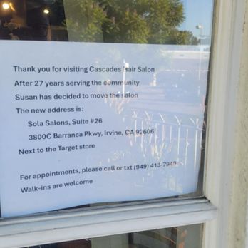 Cascades Hair Salon - New Location. Sola Salons #26 at 3800C Barranca Parkway, Irvine. - Hair Salons Near Me - Irvine, California Cascades Hair Salon - New Location. Sola Salons #26 at 3800C Barranca Parkway, Irvine. - Hair Salons Near Me - Irvine, California