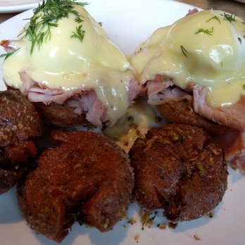 Lola - eggs benedict with bavarian ham, dill hollandaise, and smashed garlic fried potatoes (19.25$) - Greek Near Me - Seattle, Washington Lola - eggs benedict with bavarian ham, dill hollandaise, and smashed garlic fried potatoes (19.25$) - Greek Near Me - Seattle, Washington