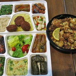 Take-out vegetarian mix-and-match plates + large arnabeet (cauliflower)