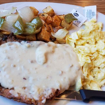 The Breakfast House - Chicken fried steak, eggs, potatoes and a side of salsa. - Breakfast & Brunch Near Me - El Cajon, California The Breakfast House - Chicken fried steak, eggs, potatoes and a side of salsa. - Breakfast & Brunch Near Me - El Cajon, California