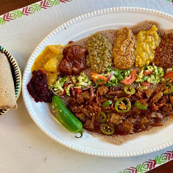 Meseret Ethiopian Restaurant - Veggie sampler and beef awaze tibs - Ethiopian Near Me - Minneapolis, Minnesota