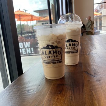 Alamo Coffee - Front coffee is cold brew with sweet cream foam and back coffee is caramel frappe! - Coffee Roasteries Near Me - Round Rock, Texas Alamo Coffee - Front coffee is cold brew with sweet cream foam and back coffee is caramel frappe! - Coffee Roasteries Near Me - Round Rock, Texas