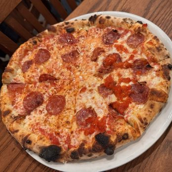 Camporosso - 1/2 pepperoni and hot honey; 1/2 sopprasetta and pepper dew peppers - Pizza Near Me - Fort Mitchell, Kentucky Camporosso - 1/2 pepperoni and hot honey; 1/2 sopprasetta and pepper dew peppers - Pizza Near Me - Fort Mitchell, Kentucky