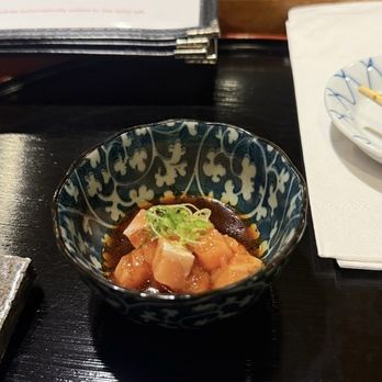 Tenjin - Complimentary salmon with ponzu at the sushi bar - Sushi Bars Near Me - Lincolnwood, Illinois Tenjin - Complimentary salmon with ponzu at the sushi bar - Sushi Bars Near Me - Lincolnwood, Illinois