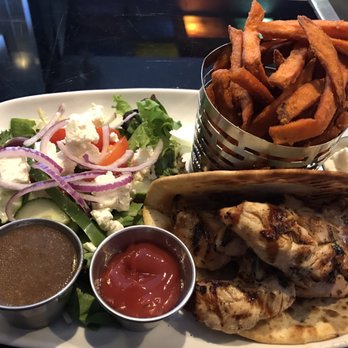 Moonstruck Eatery - Souvlaki chicken with pita, side salad, and sweet potato fries...fresh and delicious! - American Near Me - New York, New York