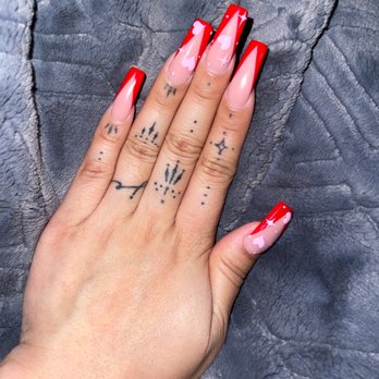NT Nail Spa - Powder base, Ferrari red gel for the V tips, and the pink design is a creamy macaroon - Nail Salons Near Me - Modesto, California