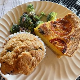 Quiche, broccoli salad, blueberry muffin