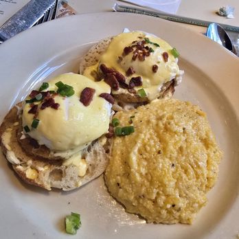 Lucky 32 Southern Kitchen - Fried Green Tomato Benedict with a perfectly poached egg and great flavor--though I'd prefer looser grits and more hollandaise. - New American Near Me - Greensboro, North Carolina