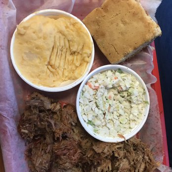 Pit Boss BBQ - Chopped pork plate with cole slaw and cheddar potatoes and cornbread - Barbeque Near Me - Hapeville, Georgia Pit Boss BBQ - Chopped pork plate with cole slaw and cheddar potatoes and cornbread - Barbeque Near Me - Hapeville, Georgia