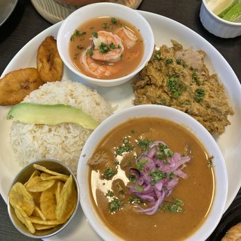 Portovelo Cafe - Bandera with Ceviche de Camarones, Fish Cazuela, Encebollado, rice, plantains, avocado - Cafes Near Me - Toronto, Ontario Portovelo Cafe - Bandera with Ceviche de Camarones, Fish Cazuela, Encebollado, rice, plantains, avocado - Cafes Near Me - Toronto, Ontario
