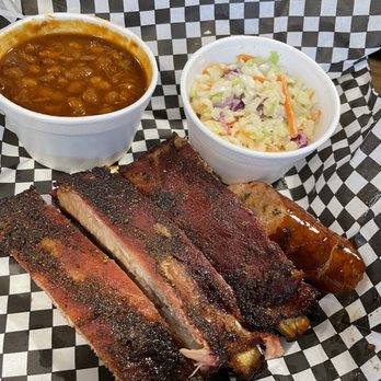 Smokin' J's A Barbeque Joint - The 3 rib plate with sides of bbq beans, coleslaw and sausage. - Barbeque Near Me - Minden, Louisiana Smokin' J's A Barbeque Joint - The 3 rib plate with sides of bbq beans, coleslaw and sausage. - Barbeque Near Me - Minden, Louisiana