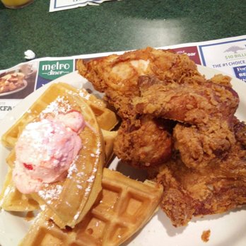 Metro Diner - Chicken and Waffles with Strawberry Butter. The chicken was really good and they gave 4 pieces (half a chicken!) - Diners Near Me - Pooler, Georgia Metro Diner - Chicken and Waffles with Strawberry Butter. The chicken was really good and they gave 4 pieces (half a chicken!) - Diners Near Me - Pooler, Georgia