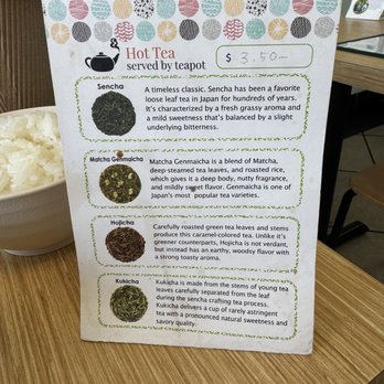 The Rice - Their menu for hot tea. We had the matcha genmaicha, and hojicha. - Japanese Near Me - Foothill Ranch, California The Rice - Their menu for hot tea. We had the matcha genmaicha, and hojicha. - Japanese Near Me - Foothill Ranch, California