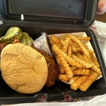 Dave's Hot Chicken - Med spice Chicken sandwich and fries - Chicken Shop Near Me - San Antonio, Texas Dave's Hot Chicken - Med spice Chicken sandwich and fries - Chicken Shop Near Me - San Antonio, Texas