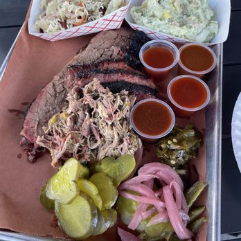 Bashful Bandit Barbecue - 2 meat plate with brisket and green chili pulled pork (plus every sauce to try) Sides-sunflower crunch salad and dill potato salad - Barbeque Near Me - Tucson, Arizona