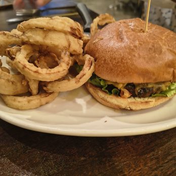 Flying Star Café - Green chili cheeseburger with onion rings - Bakeries Near Me - Albuquerque, New Mexico