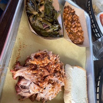 Bow & Arrow - Pull pork with baked beans and greens - Southern Near Me - Auburn, Alabama Bow & Arrow - Pull pork with baked beans and greens - Southern Near Me - Auburn, Alabama