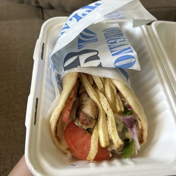 Nick The Greek - Chicken souvlaki pita - There was only 1.5 skewers worth of chicken inside, not enough for the size of the pita in my opinion - Greek Near Me - Stockton, California Nick The Greek - Chicken souvlaki pita - There was only 1.5 skewers worth of chicken inside, not enough for the size of the pita in my opinion - Greek Near Me - Stockton, California