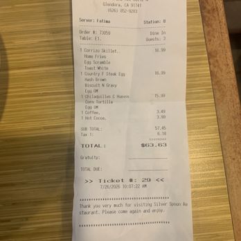 Silver Spoon Restaurant - Receipt - Diners Near Me - Glendora, California Silver Spoon Restaurant - Receipt - Diners Near Me - Glendora, California