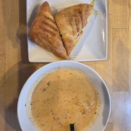 Lobster bisque soup with ultimate grilled cheese sandwich.
