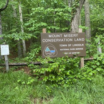 Mt  Misery - sign - A brown informational sign for Mount Misery Conservation Land in Lincoln, MA, surrounded by green trees and grass, managed by the Town of Lincoln and the Department of Interior. - Hiking Near Me - Lincoln, Massachusetts