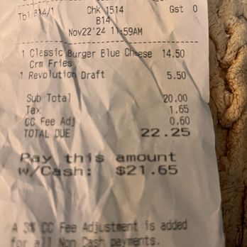 Parkside Pub - The dollar more than menu stated for burger and additional for credit card, that I should/could have been informed of. - Pubs Near Me - Huntley, Illinois