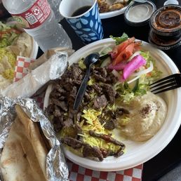 Chicken kebab with rice and beef shawarma with rice. Chicken kebab with rice and beef shawarma with rice.
