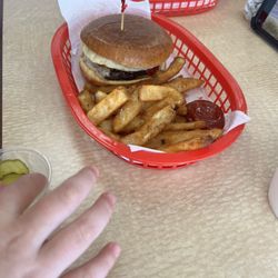 Broome Street Burgers - Kids cheeseburger with a side of pickles