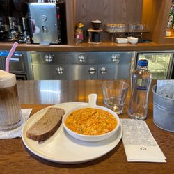 Brewmark Pub - Scrambled eggs, iced vanilla latte