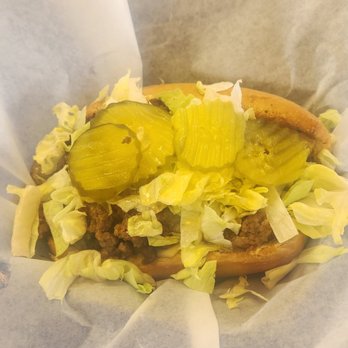 Kirk's Kitchen - a hot dog with pickles and lettuce - Burgers Near Me - Landrum, South Carolina