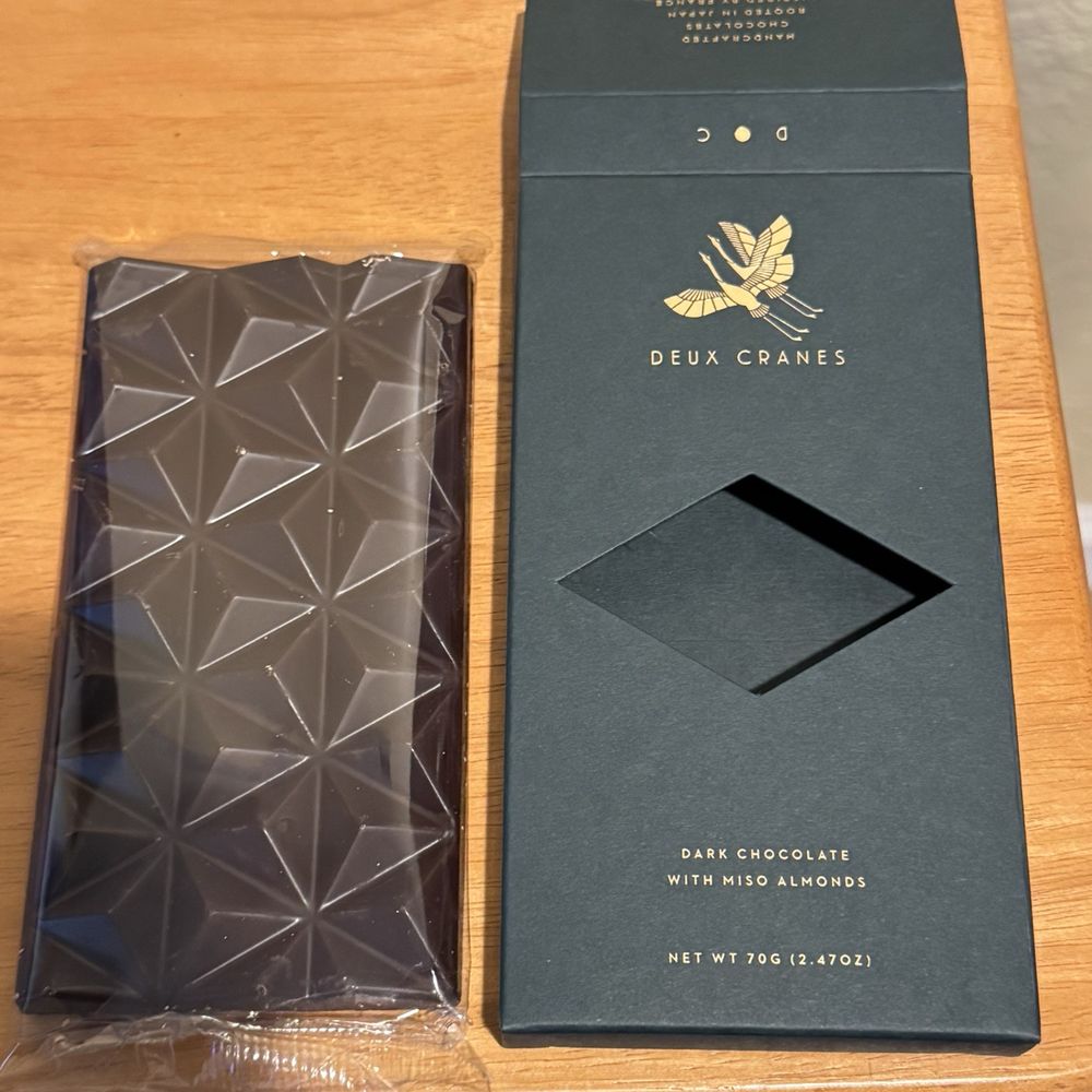 Deux Cranes - Dark chocolate miso almond bar - Chocolatiers & Shops Near Me - Los Gatos, California Deux Cranes - Dark chocolate miso almond bar - Chocolatiers & Shops Near Me - Los Gatos, California