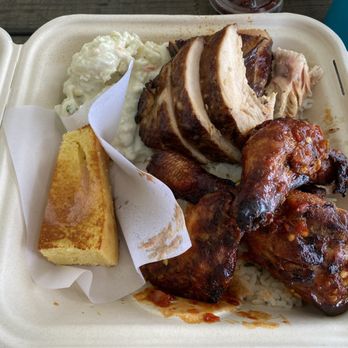 Aloha 'Aina BBQ and Catering - Huli Huli chicken, Chili-garlic wing and drumstick, coconut rice (under the chicken), wasabi potato mac salad, and cornbread. - Barbeque Near Me - Haiku, Hawaii Aloha 'Aina BBQ and Catering - Huli Huli chicken, Chili-garlic wing and drumstick, coconut rice (under the chicken), wasabi potato mac salad, and cornbread. - Barbeque Near Me - Haiku, Hawaii