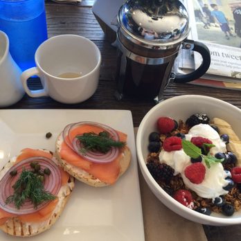 Romancing the Bean Cafe - Lox bagel, granola with yoghurt and fruit plus a French pressed coffee with steamed soymilk - Coffee & Tea Near Me - Burbank, California Romancing the Bean Cafe - Lox bagel, granola with yoghurt and fruit plus a French pressed coffee with steamed soymilk - Coffee & Tea Near Me - Burbank, California