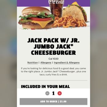Jack in the Box - Online offer showing jack pack at $5 - Fast Food Near Me - Avondale, Arizona Jack in the Box - Online offer showing jack pack at $5 - Fast Food Near Me - Avondale, Arizona