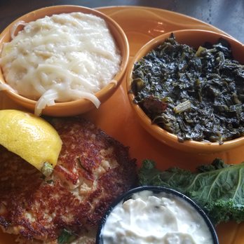 Barbara Jean's Restaurants - Crab Cake with Cheese Grits and Spinach - Southern Near Me - St. Simons, Georgia