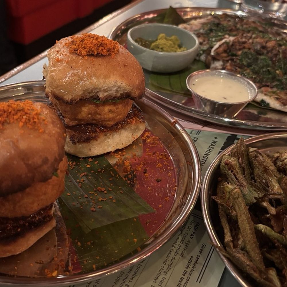 Chai Pani - Vada Pav (left), $16. Wild Mushroom Uttapam, $18 - Indian Near Me - Washington, DC, District of Columbia Chai Pani - Vada Pav (left), $16. Wild Mushroom Uttapam, $18 - Indian Near Me - Washington, DC, District of Columbia