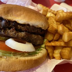 Double flame broiled cheese burger with Mayo all the way and crinkle fries