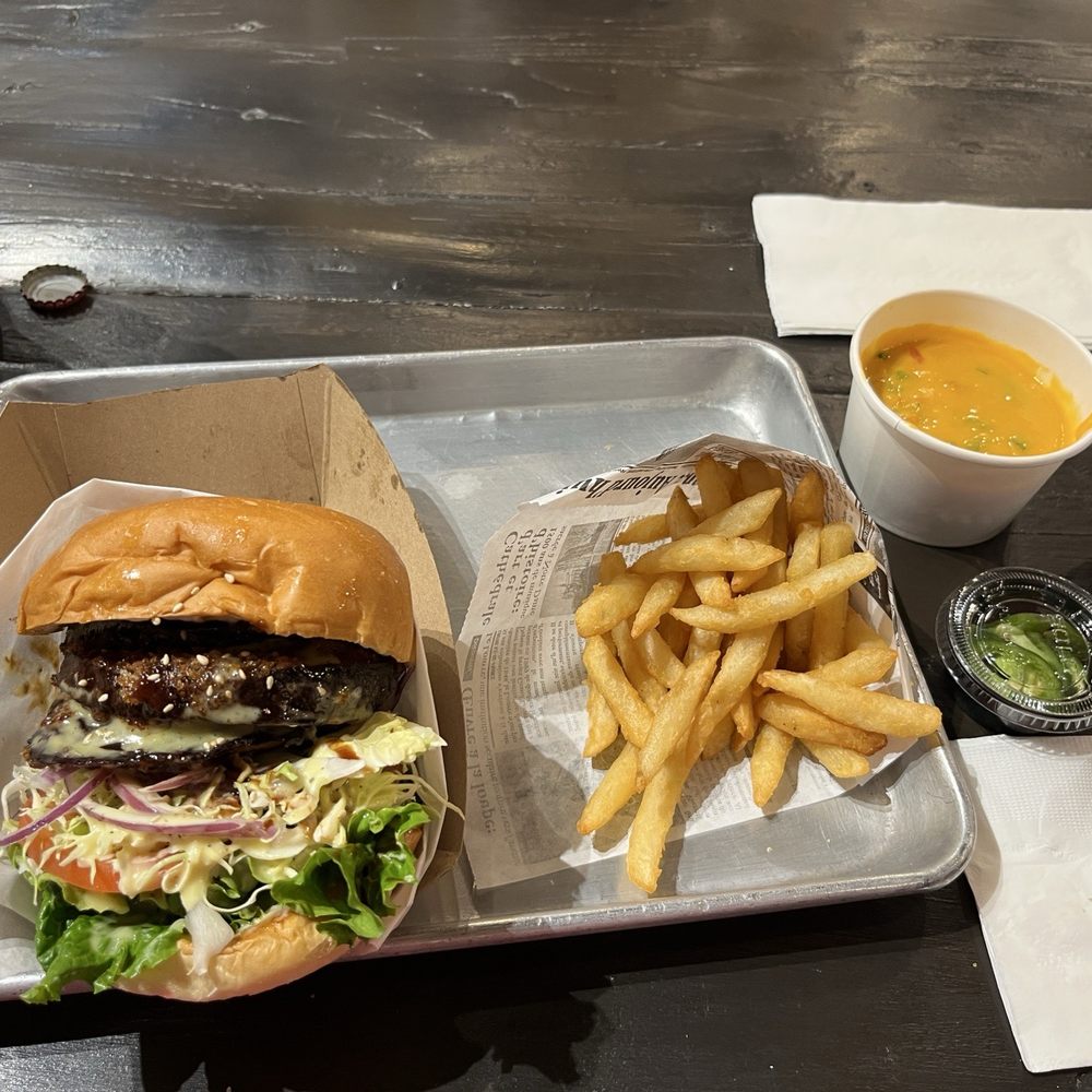 Eggplant Burger, fries, cheese sauce