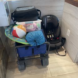 Cooler, toys, tent, wagon, car seat