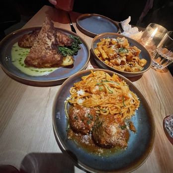 Nonna's Cucina - Maze rigatoni, spaghetti alla chitarra (with meatballs) and pollo al mattone - Italian Near Me - Vancouver, British Columbia Nonna's Cucina - Maze rigatoni, spaghetti alla chitarra (with meatballs) and pollo al mattone - Italian Near Me - Vancouver, British Columbia