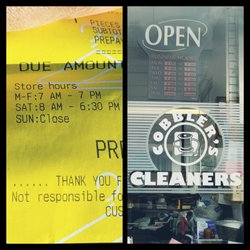 Cobblers & Cleaners - 4'8'2022 Receipt and Business window indicates they close at 7pm. I arrived before 6pm and they were closed.