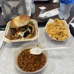 Baked beans with brisket, Mac N cheese, brisket sandwich