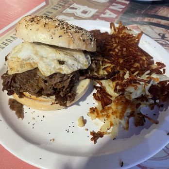 Big Erv's Bar and Grill - Steak, egg, (no) cheese on an everything bagel- my new favorite! - American Near Me - Horace, North Dakota Big Erv's Bar and Grill - Steak, egg, (no) cheese on an everything bagel- my new favorite! - American Near Me - Horace, North Dakota